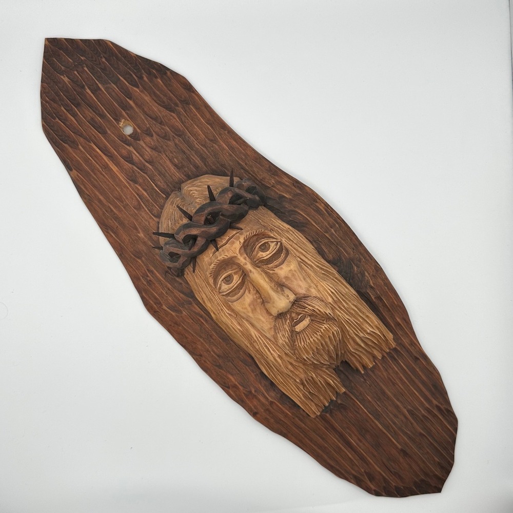 Hand Carved Jesus Wall Plaque Religious Folk Art Made in Poland Wood Relief
